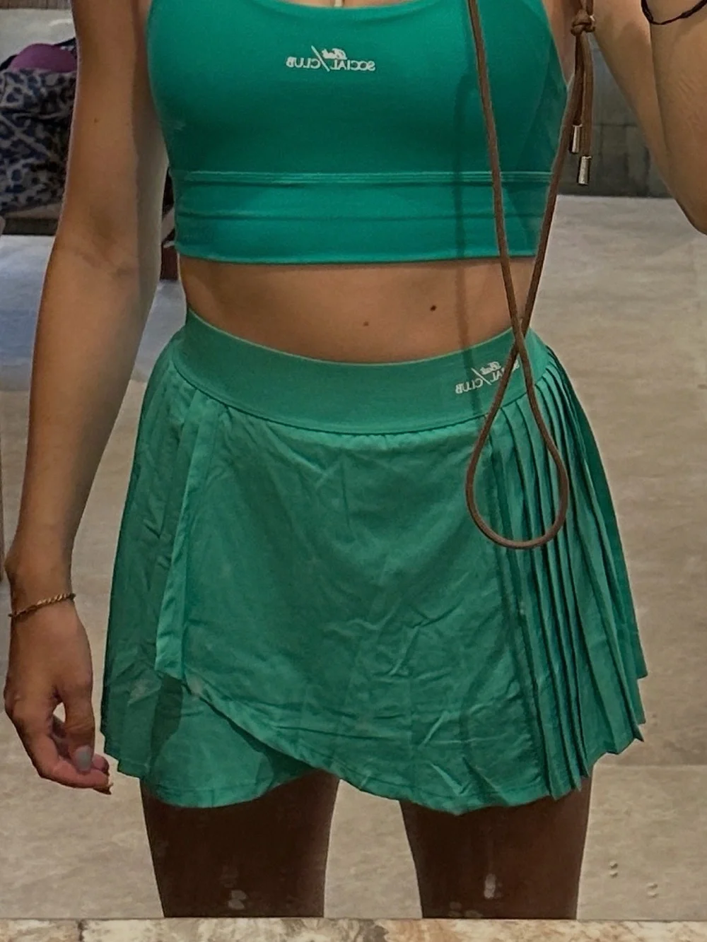 Teal Pleated Tennis Skirt and sports bra set for padel Bali social club xs